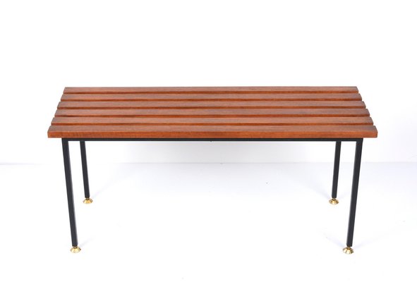 Mid-Century Italian Black Enameled Metal & Teak Bench with Brass Feet, 1960s-JDR-1125395