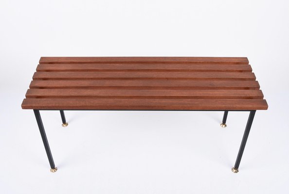 Mid-Century Italian Black Enameled Metal & Teak Bench with Brass Feet, 1960s-JDR-1125395