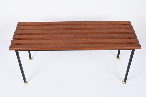 Mid-Century Italian Black Enameled Metal & Teak Bench with Brass Feet, 1960s-JDR-1125395