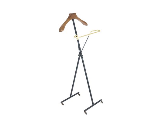 Mid-Century Italian Black Metal Wood & Anodized Aluminum Folding Valet Stand, 1950s-RD-1450737