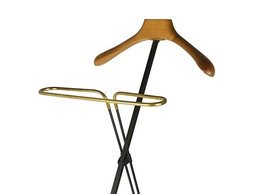 Mid-Century Italian Black Metal Wood & Anodized Aluminum Folding Valet Stand, 1950s-RD-1450737