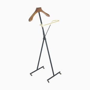 Mid-Century Italian Black Metal Wood & Anodized Aluminum Folding Valet Stand, 1950s-RD-1450737