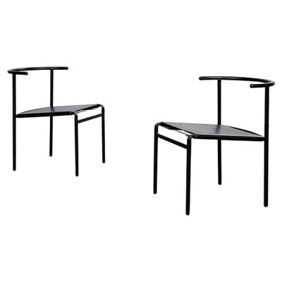 Mid-Century Italian Black Steel Leather Cafè Chairs by Starck for Baleri, 1980s, Set of 2-GDD-1360767