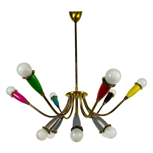 Mid-Century Italian Brass 12-Arm Sputnik Chandelier Attributed to Arredoluce, 1950s