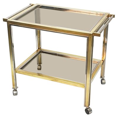 Mid-Century Italian Brass and Chrome Bar Cart with Glass Shelves, 1970s-JDR-1126341