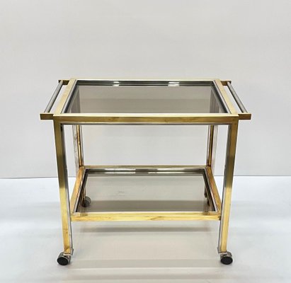 Mid-Century Italian Brass and Chrome Bar Cart with Glass Shelves, 1970s-JDR-1126341