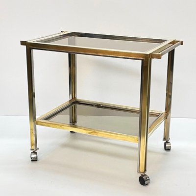 Mid-Century Italian Brass and Chrome Bar Cart with Glass Shelves, 1970s-JDR-1126341