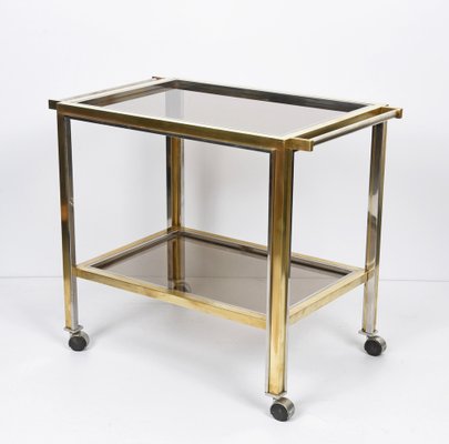 Mid-Century Italian Brass and Chrome Bar Cart with Glass Shelves, 1970s-JDR-1126341