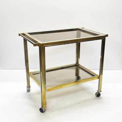 Mid-Century Italian Brass and Chrome Bar Cart with Glass Shelves, 1970s-JDR-1126341