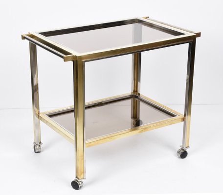 Mid-Century Italian Brass and Chrome Bar Cart with Glass Shelves, 1970s-JDR-1126341