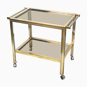 Mid-Century Italian Brass and Chrome Bar Cart with Glass Shelves, 1970s-JDR-1126341