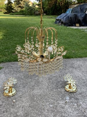 Mid-Century Italian Brass and Glass Chandelier, 1960s, Set of 3-OXJ-1722414