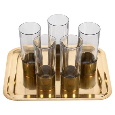 Mid-Century Italian Brass and Glass Glasses and Tray by Delvè for Delfi, 1970s, Set of 4-JDR-1446872