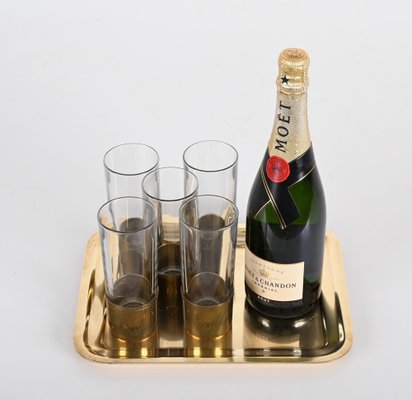 Mid-Century Italian Brass and Glass Glasses and Tray by Delvè for Delfi, 1970s, Set of 4-JDR-1446872