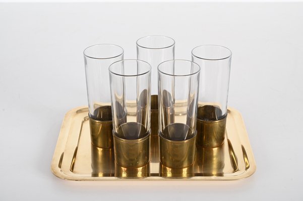 Mid-Century Italian Brass and Glass Glasses and Tray by Delvè for Delfi, 1970s, Set of 4-JDR-1446872