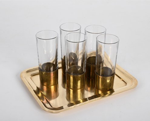 Mid-Century Italian Brass and Glass Glasses and Tray by Delvè for Delfi, 1970s, Set of 4-JDR-1446872