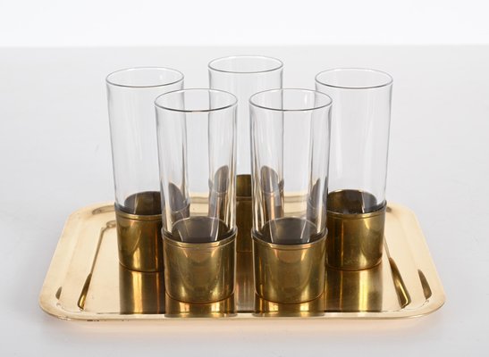 Mid-Century Italian Brass and Glass Glasses and Tray by Delvè for Delfi, 1970s, Set of 4-JDR-1446872