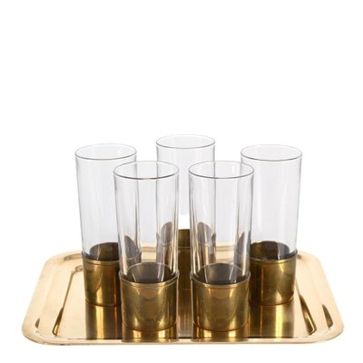 Mid-Century Italian Brass and Glass Glasses and Tray by Delvè for Delfi, 1970s, Set of 4-JDR-1446872