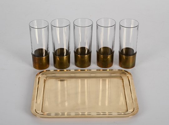 Mid-Century Italian Brass and Glass Glasses and Tray by Delvè for Delfi, 1970s, Set of 4-JDR-1446872