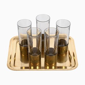 Mid-Century Italian Brass and Glass Glasses and Tray by Delvè for Delfi, 1970s, Set of 4-JDR-1446872