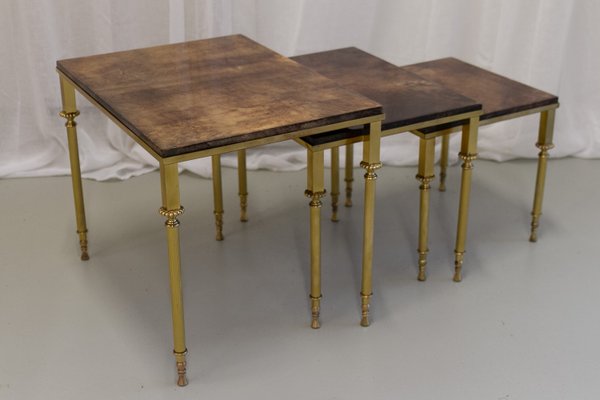 Mid-Century Italian Brass and Goatskin Side Tables by Aldo Tura, 1960s, Set of 3-WIX-2022527