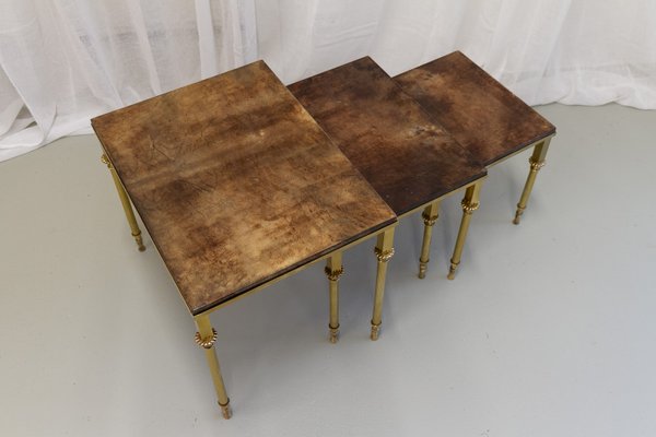 Mid-Century Italian Brass and Goatskin Side Tables by Aldo Tura, 1960s, Set of 3-WIX-2022527