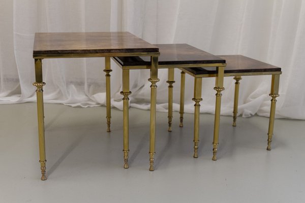 Mid-Century Italian Brass and Goatskin Side Tables by Aldo Tura, 1960s, Set of 3-WIX-2022527