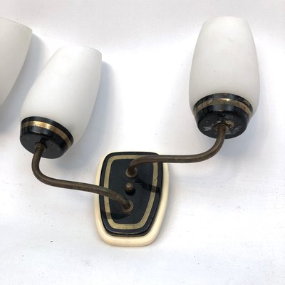 Mid-Century Italian Brass and Opaline Glass Sconces, Set of 2-OT-1081906