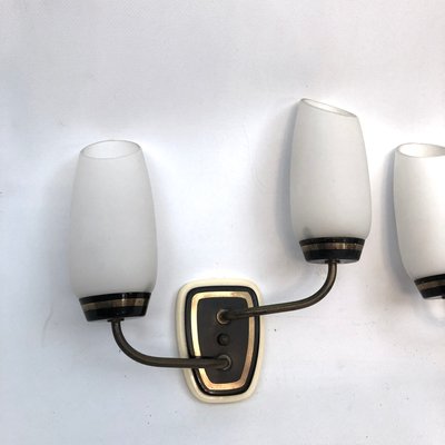 Mid-Century Italian Brass and Opaline Glass Sconces, Set of 2-OT-1081906