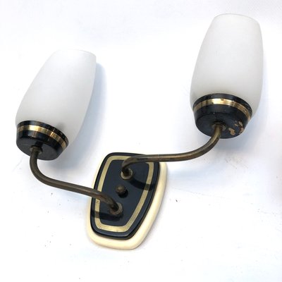 Mid-Century Italian Brass and Opaline Glass Sconces, Set of 2-OT-1081906