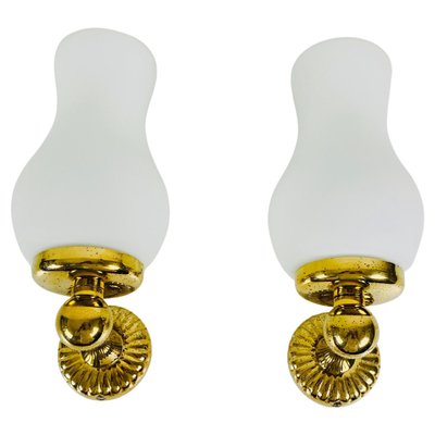 Mid-Century Italian Brass and Opaline Glass Wall Lamps, 1960s, Set of 2-PUK-1110539