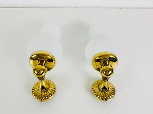 Mid-Century Italian Brass and Opaline Glass Wall Lamps, 1960s, Set of 2-PUK-1110539