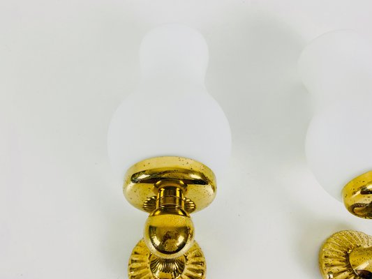 Mid-Century Italian Brass and Opaline Glass Wall Lamps, 1960s, Set of 2-PUK-1110539