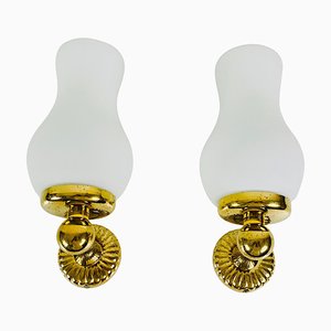 Mid-Century Italian Brass and Opaline Glass Wall Lamps, 1960s, Set of 2-PUK-1110539