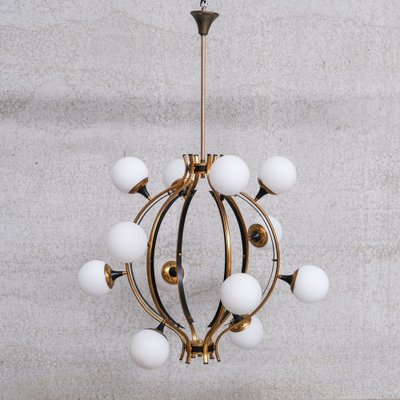 Mid-Century Italian Brass and Opaline Globe Chandelier from Stilnovo-JRP-1756493