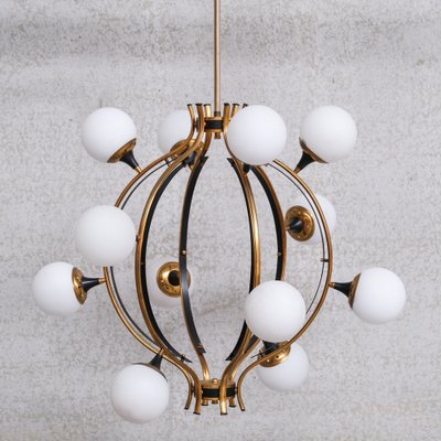 Mid-Century Italian Brass and Opaline Globe Chandelier from Stilnovo-JRP-1756493