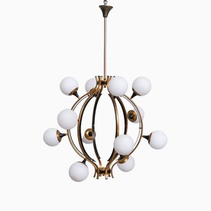 Mid-Century Italian Brass and Opaline Globe Chandelier from Stilnovo-JRP-1756493