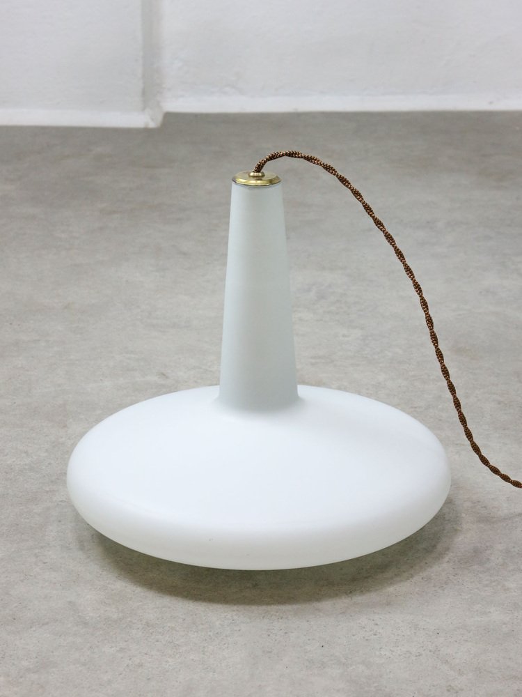 Mid-Century Italian Brass and Opaline Hat Pendant Lamp