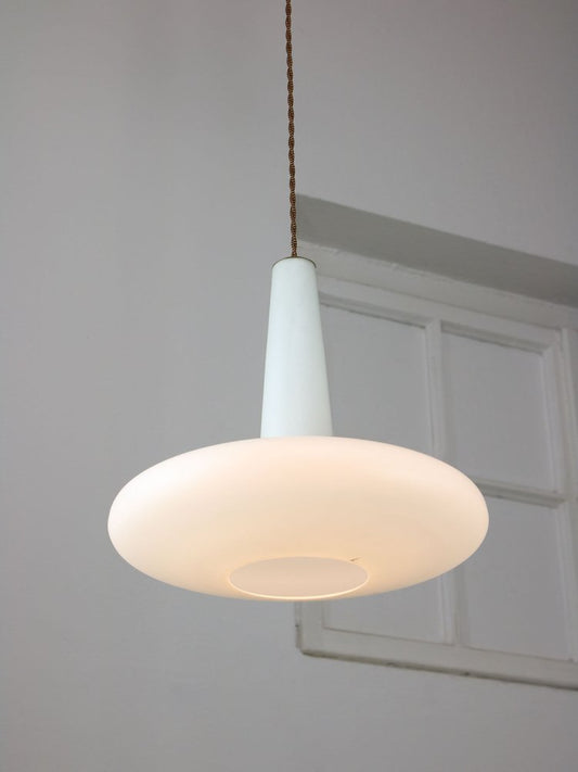 Mid-Century Italian Brass and Opaline Hat Pendant Lamp