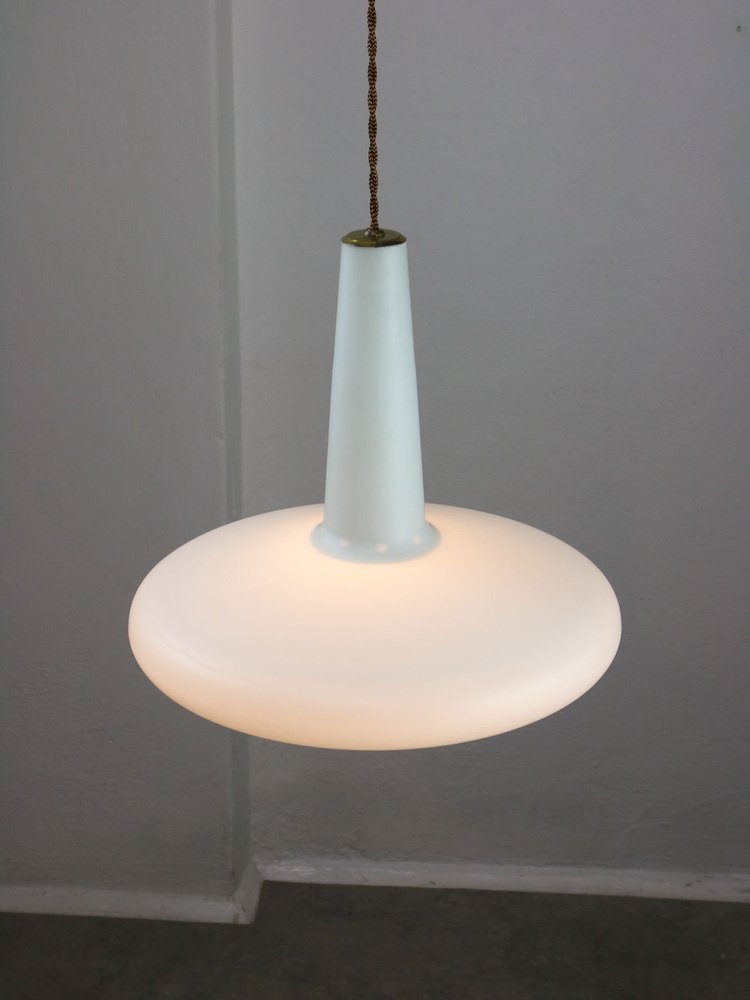 Mid-Century Italian Brass and Opaline Hat Pendant Lamp