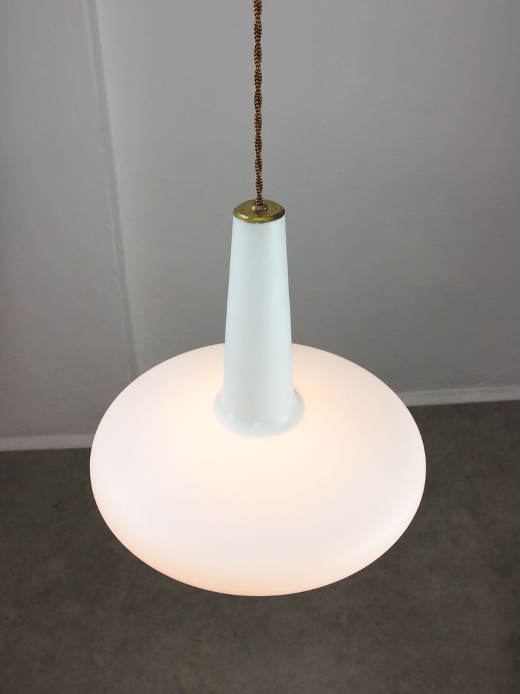 Mid-Century Italian Brass and Opaline Hat Pendant Lamp