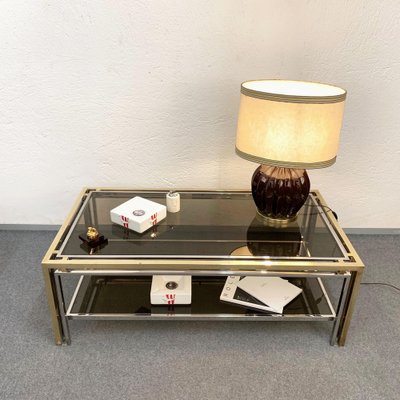 Mid-Century Italian Brass and Smoked Glass Coffee Table, 1970s-JDR-1125998