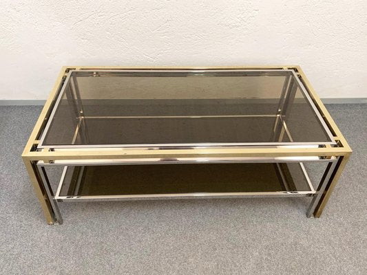 Mid-Century Italian Brass and Smoked Glass Coffee Table, 1970s-JDR-1125998