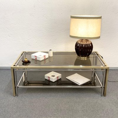 Mid-Century Italian Brass and Smoked Glass Coffee Table, 1970s-JDR-1125998