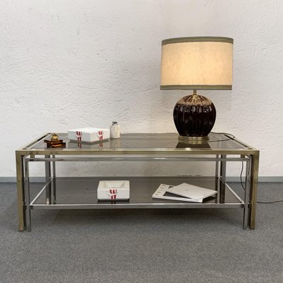 Mid-Century Italian Brass and Smoked Glass Coffee Table, 1970s-JDR-1125998