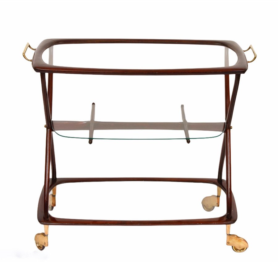 Mid-Century Italian Brass and Wood Oval Serivng Bar Cart by Cesare Lacca, 1950s