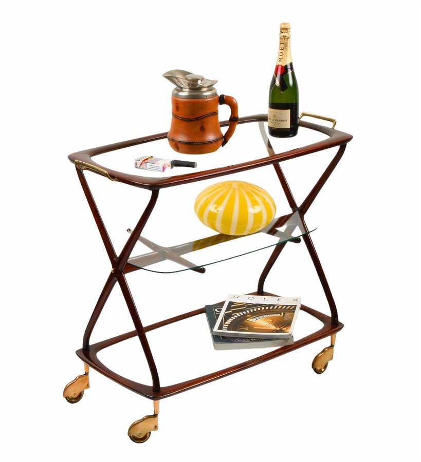 Mid-Century Italian Brass and Wood Oval Serivng Bar Cart by Cesare Lacca, 1950s