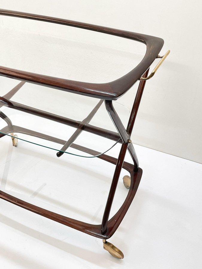 Mid-Century Italian Brass and Wood Oval Serivng Bar Cart by Cesare Lacca, 1950s