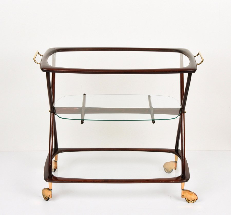 Mid-Century Italian Brass and Wood Oval Serivng Bar Cart by Cesare Lacca, 1950s