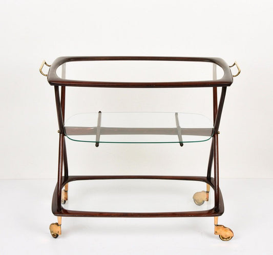 Mid-Century Italian Brass and Wood Oval Serivng Bar Cart by Cesare Lacca, 1950s